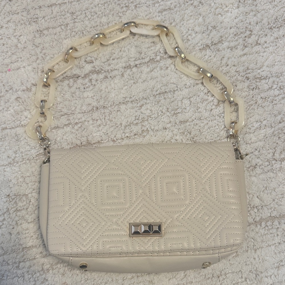 Zara Cream Quilted Shoulder Bag with Chain-Link Strap